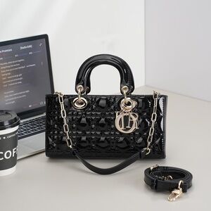 Dior Black Patent Quilted Satchel with Gold-Tone Charms